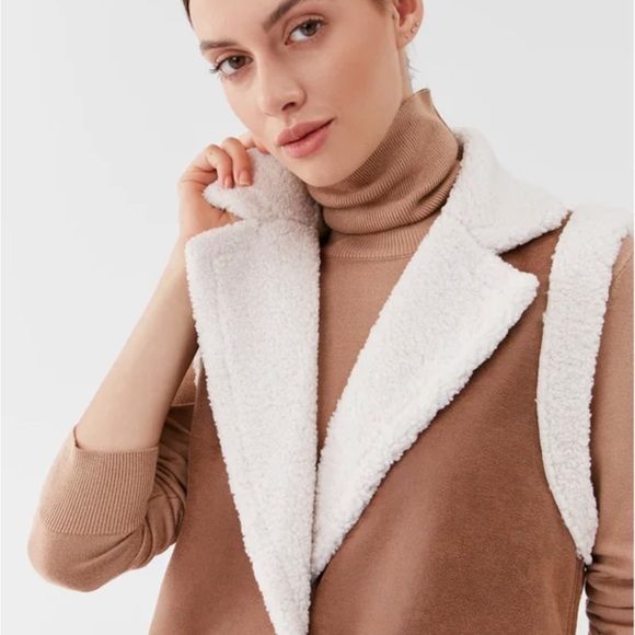 MARELLA Faux Suede & Shearling Long Vest - Brown & Cream - Designer - Picture 3 of 9